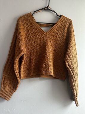 Pink Rose Textured V-Neck Sweater in Mustard Brown